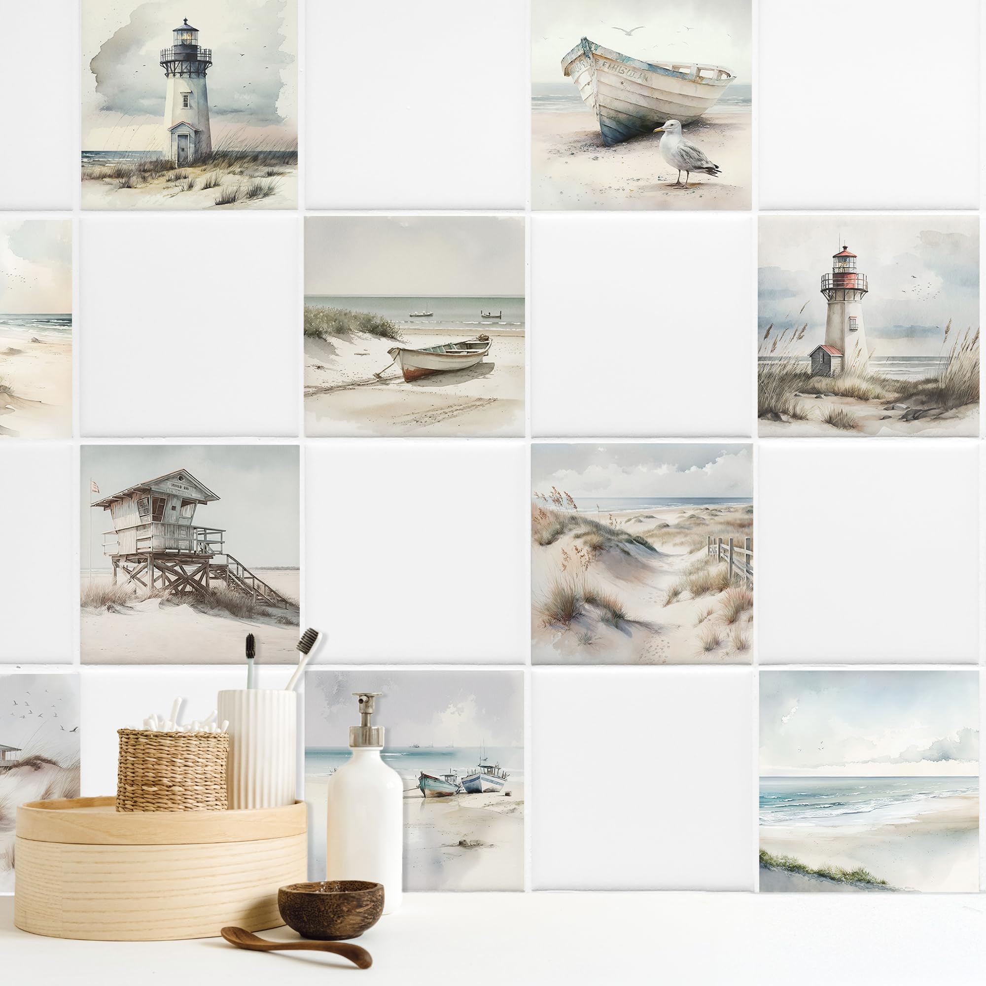 GRAZDesign Fliesenaufkleber Bad & Küche, maritim Leuchtturm Strand Watercolor, Klebefliesen selbstklebend - 15x15cm / 10 Stück