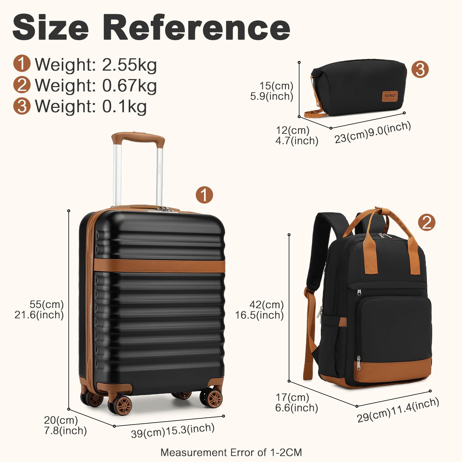 Kono Juego de Maletas de 3 Piezas Maleta de Mano ABS + PC rígida con Cerradura TSA y 4 Ruedas giratorias, 20 Inch Luggage Set, Maleta de Mano rígida Ligera para Cabina de Viaje（Negro/Marrón）