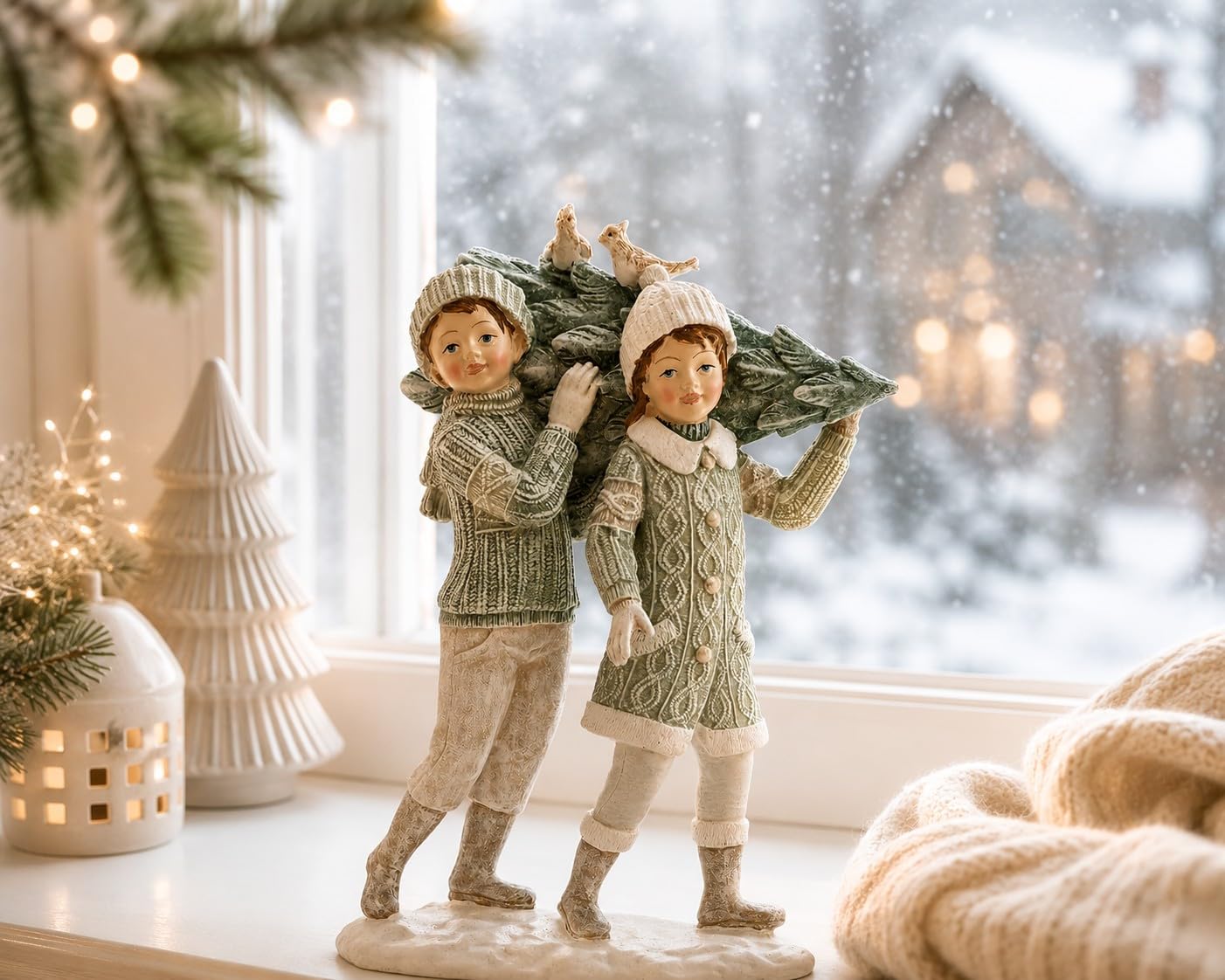 Deko-Figuren Winter-Kinder Mädchen & Junge mit Tannenbaum & Vögeln Pastellfarben Weihnachts-Dekoration in weiß Creme & grün Weihnachten Weihnachtsschmuck Advent Winter Geschenk-Idee