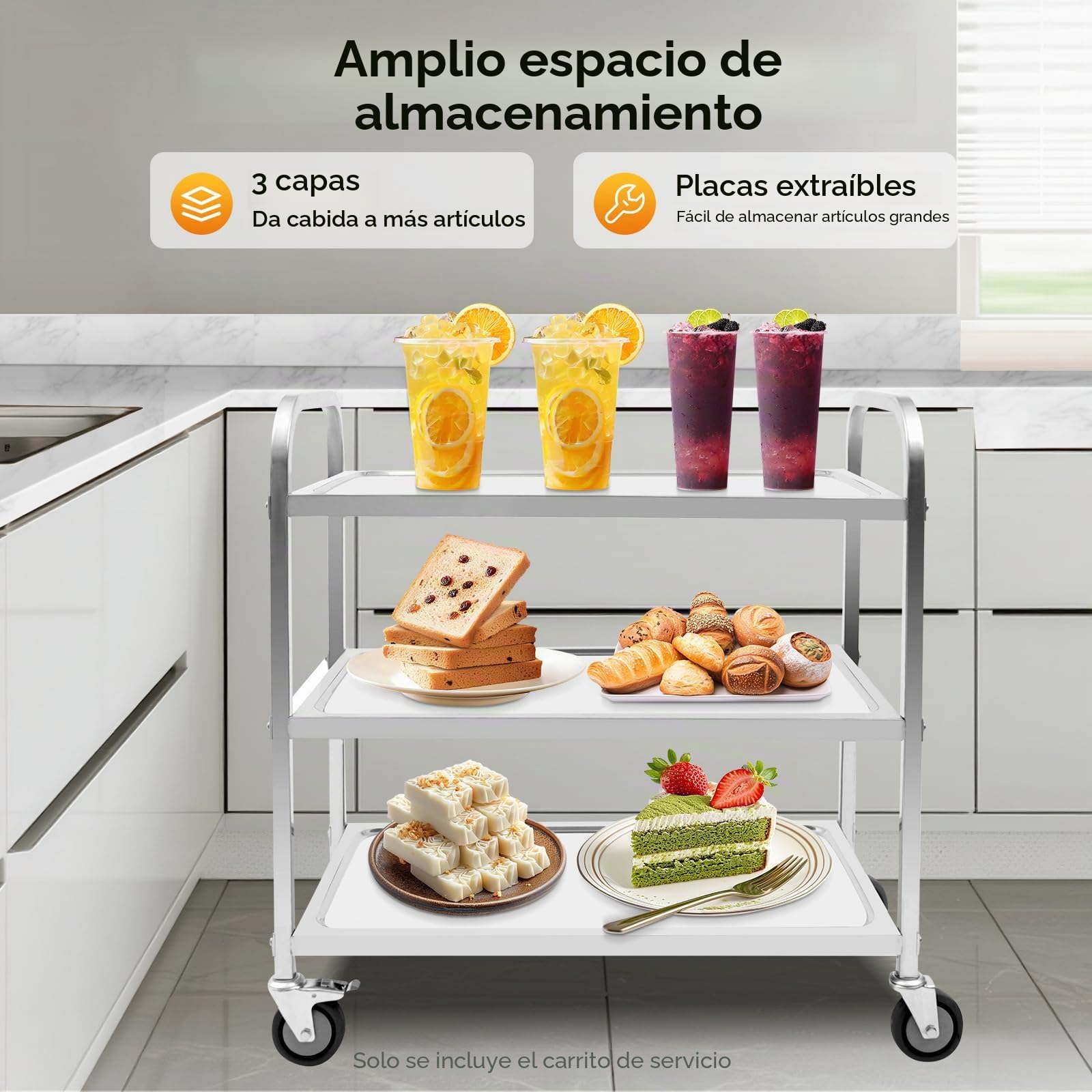 Carro de cocina de acero inoxidable de 3 niveles con asa, carrito de servicio con ruedas con freno, estante de cocina máx. 60 kg, carrito multifuncional para comedor, salón, hotel