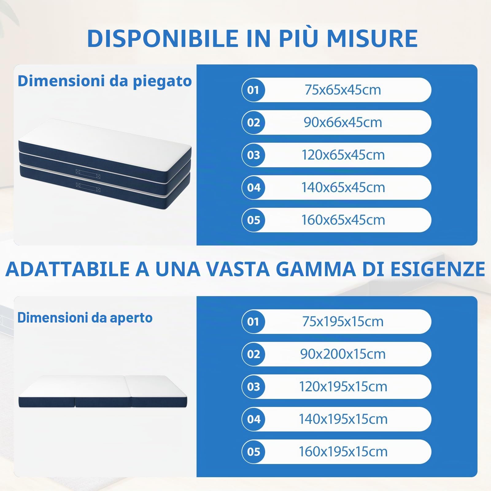 DEWINNER Materasso pieghevole triplo, 120 x 195 x 15 cm