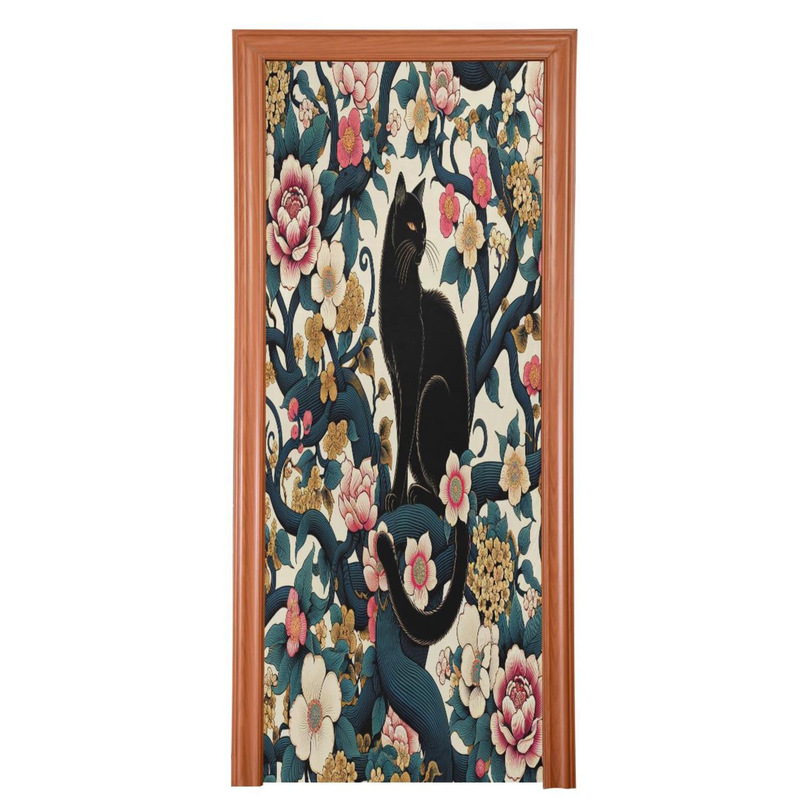 FLildon Black Cat and Japanese Flowers Door Cover Decoration, Party Accessory Porch Decor for Festive Ornament Room Door Covers 32 x 79 Inch