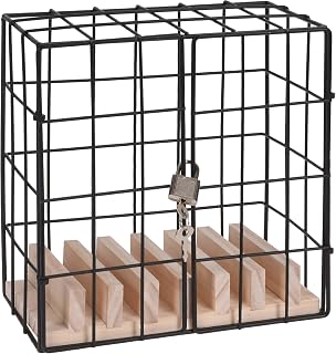 Phone stand in the shape of a metal cage with a padlock, black