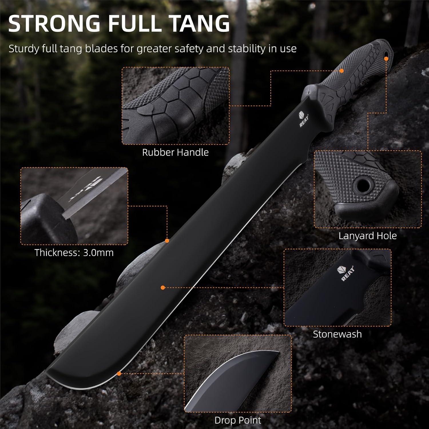 REAT Machete Heavy Duty with Sheath,24-inch Full Tang 420 Stainless Steel Blade,Non-silp Rubber Handle for Yard Work, Cutting Trees,Camping,Outdoor (Black)