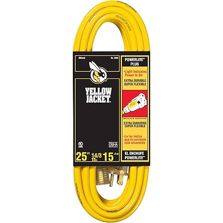 Yellow Jacket 2886 UL Listed 14/3 15 Amp Premium SJTW 25' (7.62M) Extension Cord with Grounded (3 prong) Lighted Receptacle End, 25 Foot, Yellow