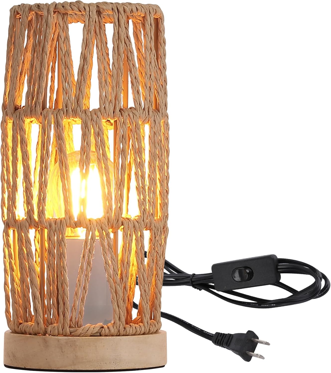 Boho Woven Rope Table Lamp with Handmade Natural Wooden Base, Small Vintage Rattan Wicker Nightstand Cute Desk Lamp, Bedside Bamboo End Table Lights for Bedroom, Living Room, Kitchen Island