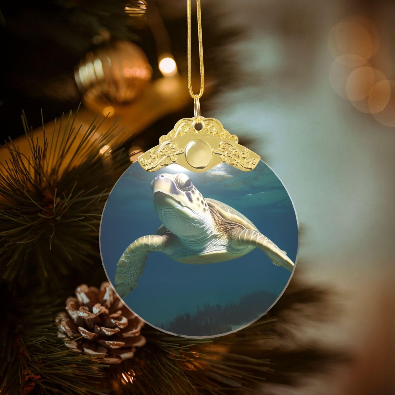 Crystal Christmas Ornaments for Christmas Tree Decoration Hanging Underwater Tutrle Ornament with Gold Ribbon Crafts Round Pendant for Keepsake Gifts Glass Xmas Decor Party Supplies