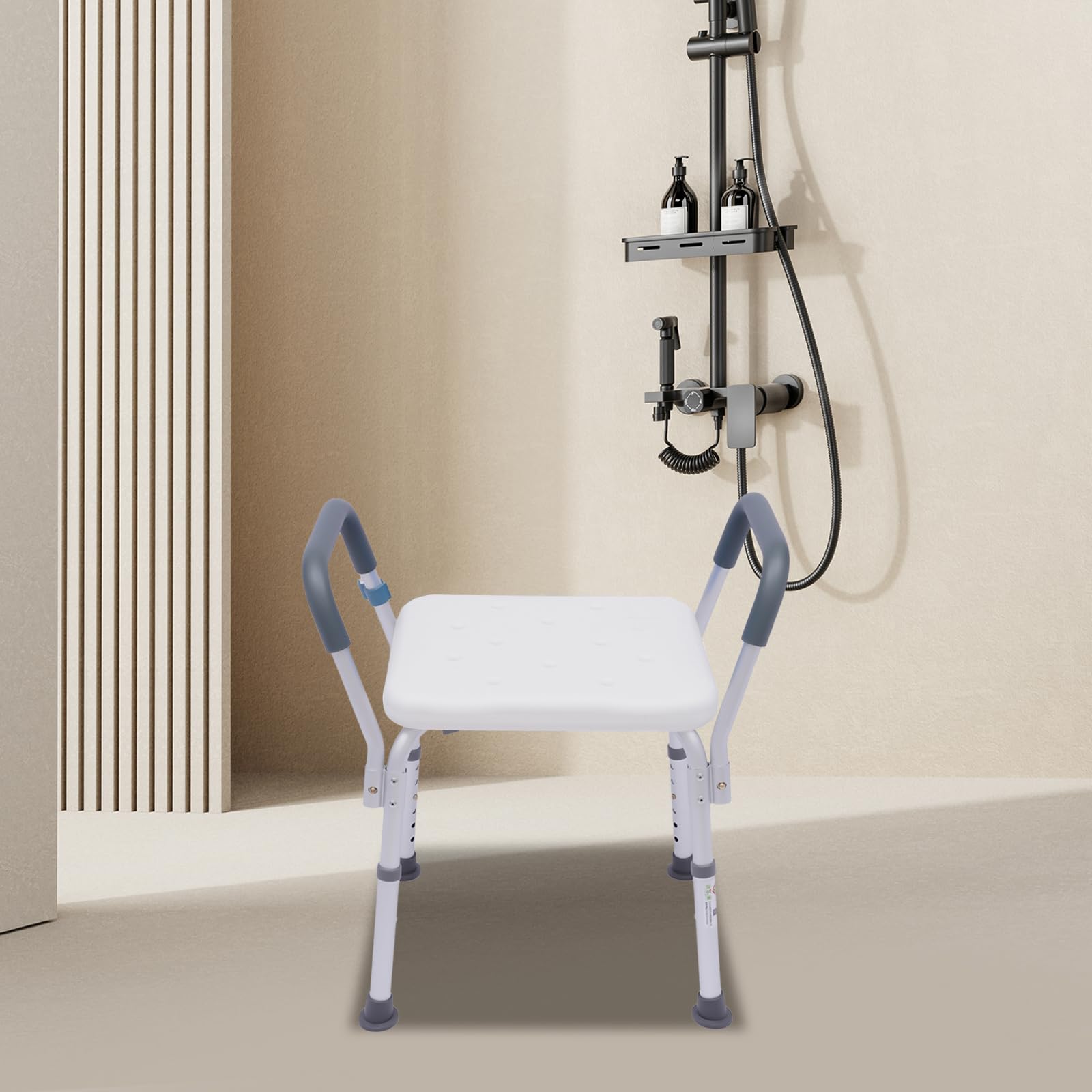 Taburete de ducha, altura regulable con reposabrazos, asiento de ducha, asiento de ducha, asiento de ducha, con patas de goma acolchadas y antideslizantes, hasta 150 kg, color blanco y plateado