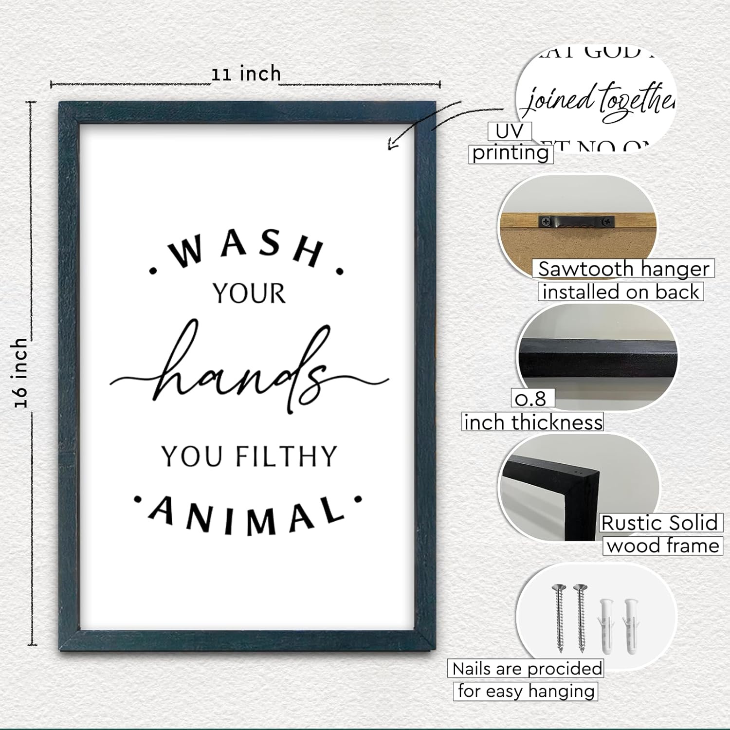 Wash Your Hands Ya Filthy Animal Sign 16"×11" Bathroom Restroom Toilet Laundry Room Humorous Wall Art Decor Funny Quote Washroom for Wood Framed Wall Hanging (Black)