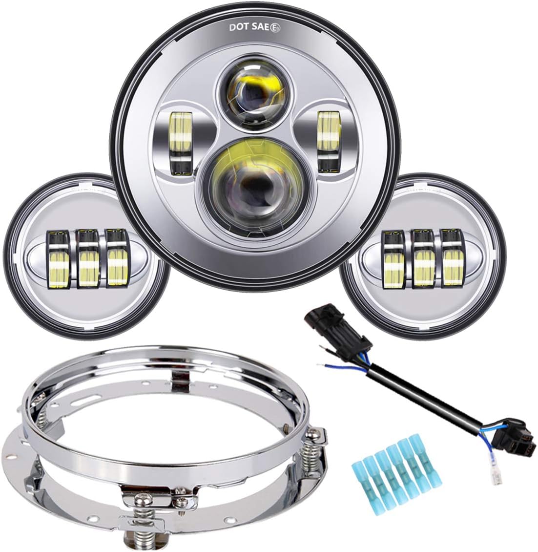 7 inch LED Headlight Fog Passing Lights Headlamp DOT Kit Set Ring Motorcycle Headlamp for Harley Davidson Road King Ultra Classic Electra Street Glide Tri Cvo Heritage Softail Deluxe Fatboy Chrome