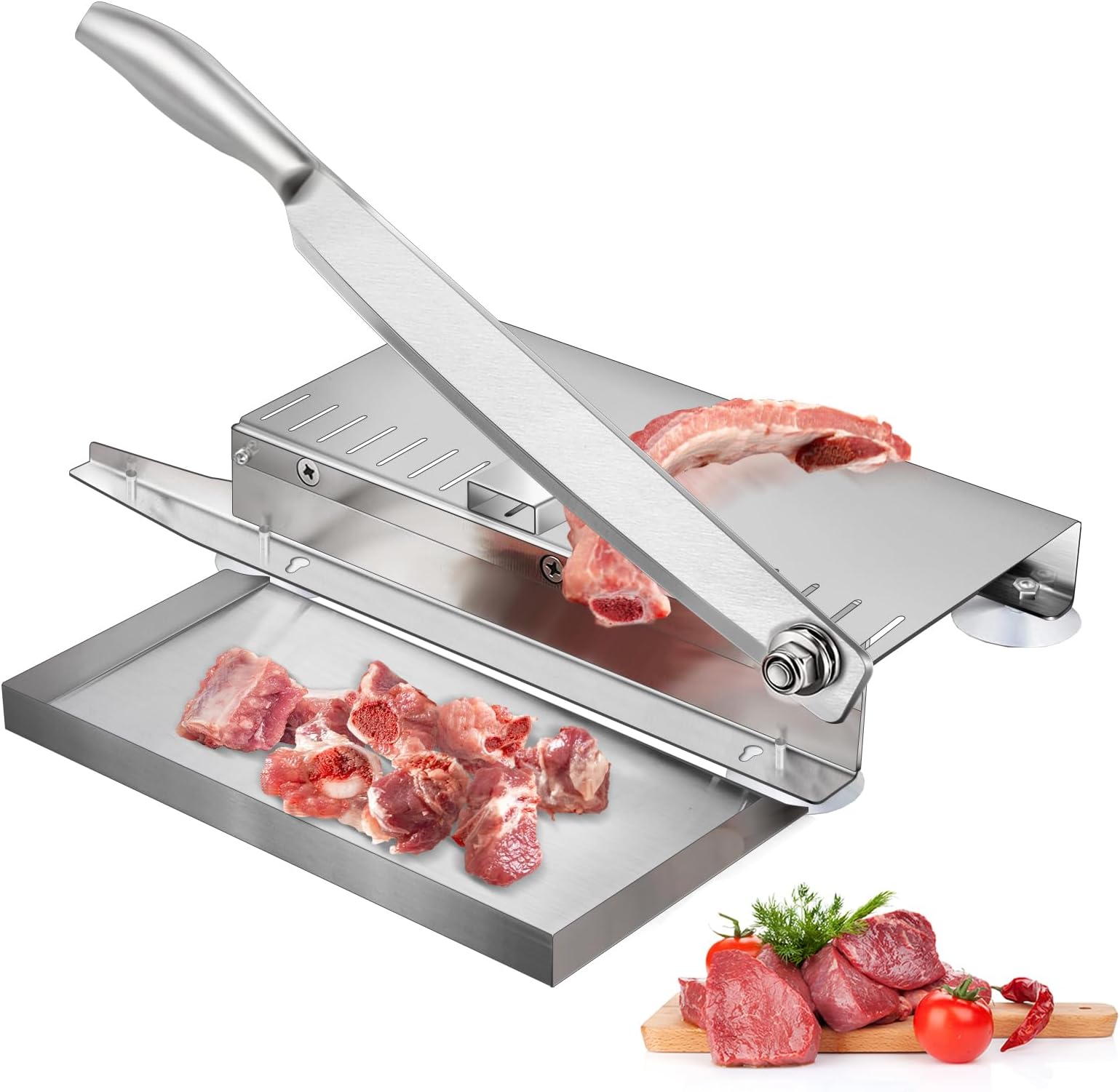 Meat Slicer Bone Cutter 20in，Manual Ribs Chopper for Chicken Fish or Beef，Stainless Steel Frozen Meat Slicer with Food Tray