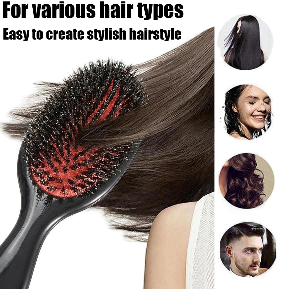 Boar Bristle Paddle Detangling Hair Brush for Curly Fine Wavy Natural Tangled Hair, Anti-frizz Styling Hairbrush Comb for Women and Men, Boar Nylon Bristle Cushioned Brush
