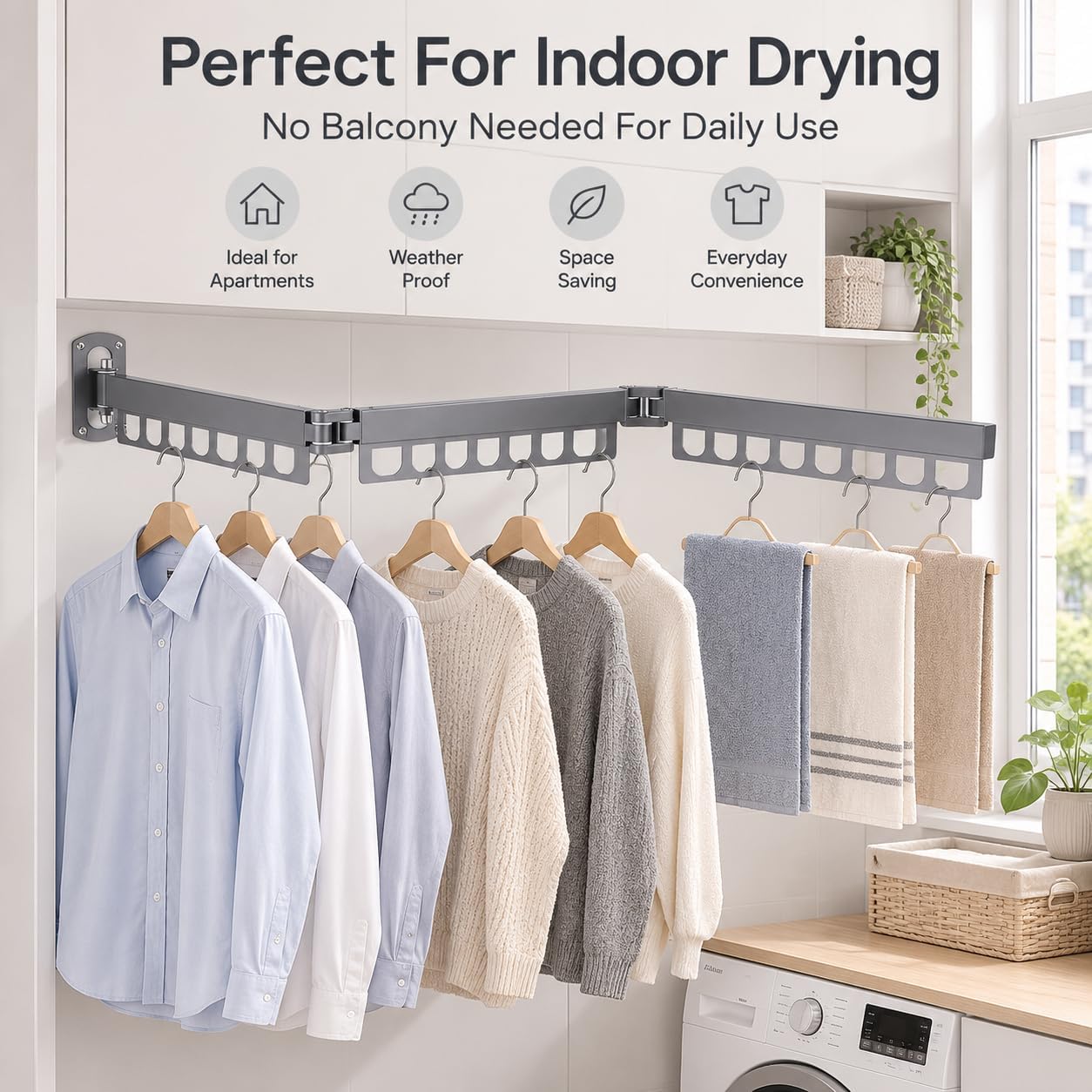 Retractable Wall Mounted Clothes Drying Rack, Rustproof Steel Drying Rack with 24 Hanging Holes, Space‑Saving Design for Apartments, Laundry Rooms, Balconies & RVs (Gray) image 4