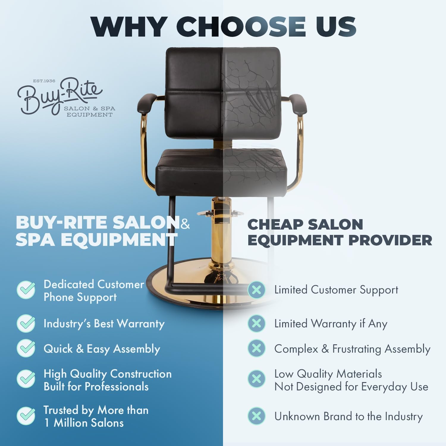 Buy-Rite Victoria Styling Chair for Professional Salons and Barbers, Gold Frame, Smooth All Black Premium Vinyl with Detailed Stitching, Hydraulic Pump, NIN-5506