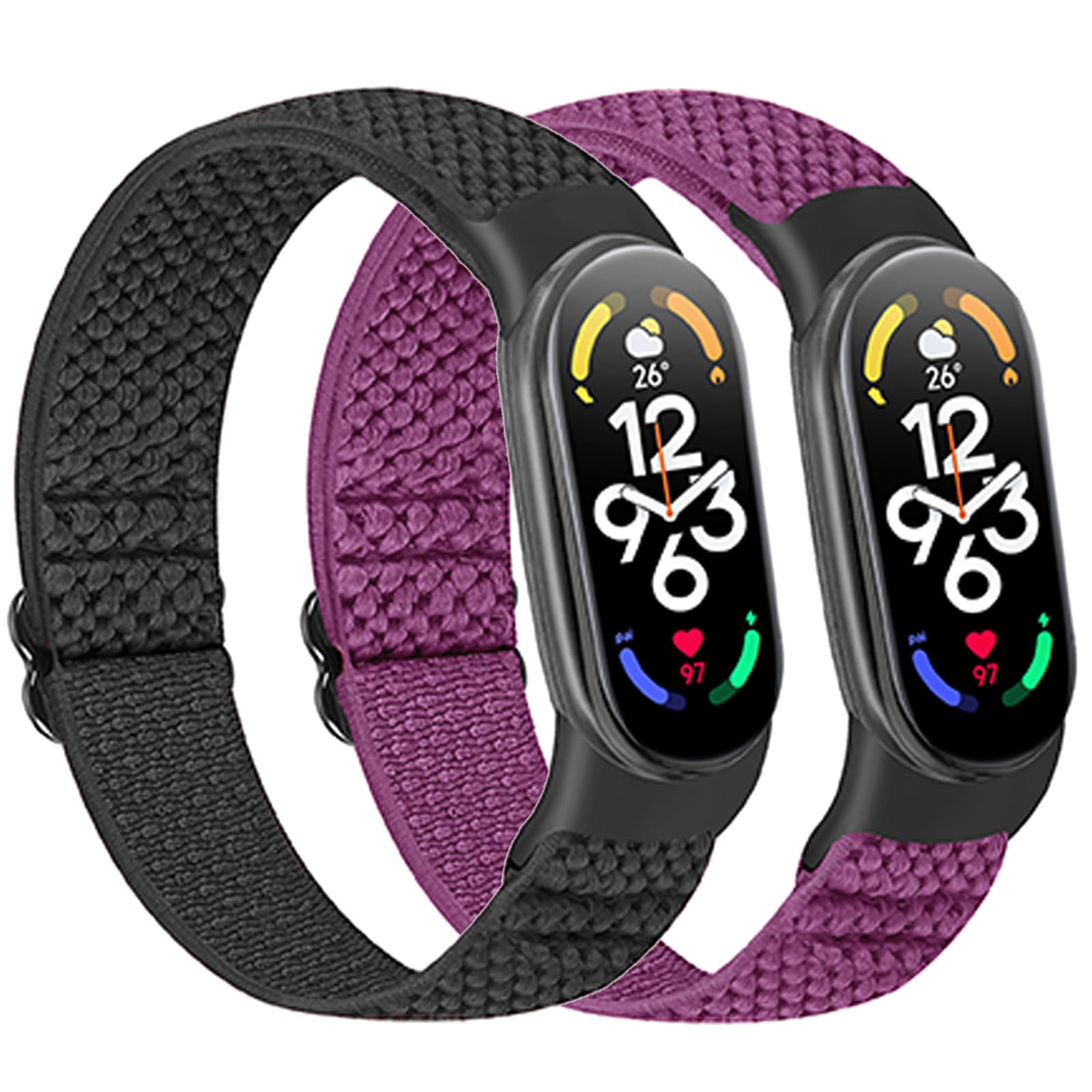 Relting 2 Pack Adjustable Elastic Watch Straps - Compatible with Xiaomi Mi Band 7/6/5 - Stretchy Nylon Sports Band Replacement Wristband for Men Women Black+Purple
