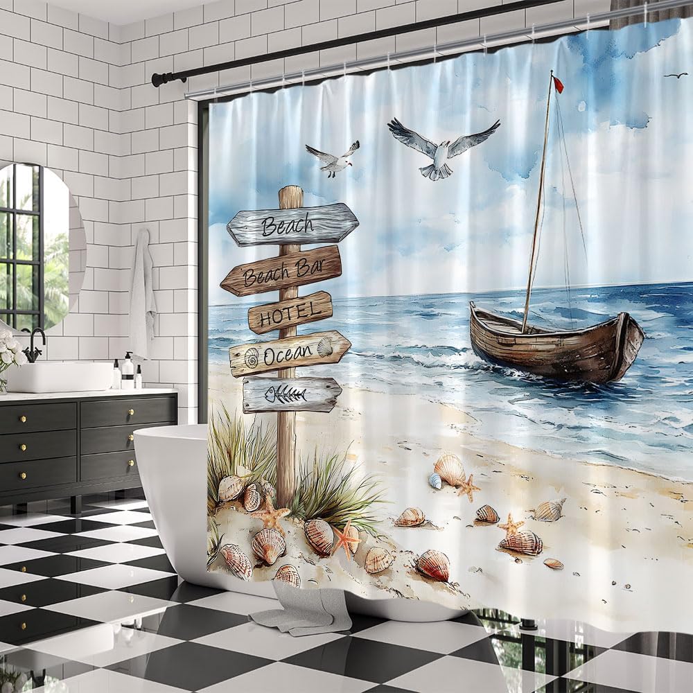 Nautical Beach Shower Curtain Watercolor Ocean Boat Seagull Seascape Starfish Shell Blue Sea Bird Farmhouse Fabric Bathroom Decor Curtains with Hooks,90 x 70