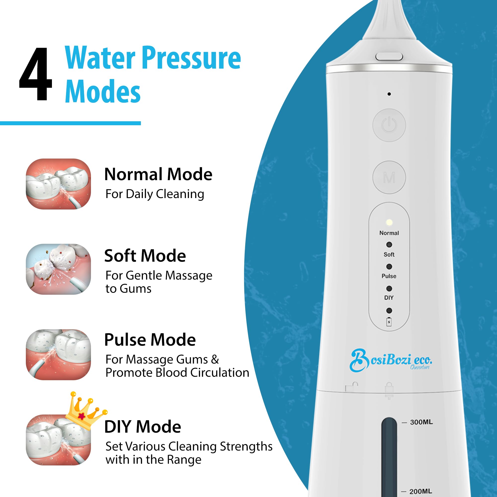 BosiBozi - Hilo dental recargable para dientes, 4 modos, inalámbrico y portátil, tanque de 300 ml, hilo dental impermeable IPX7, cable de carga USB-C, 3 cabezales de chorro, 1 raspador de lengua