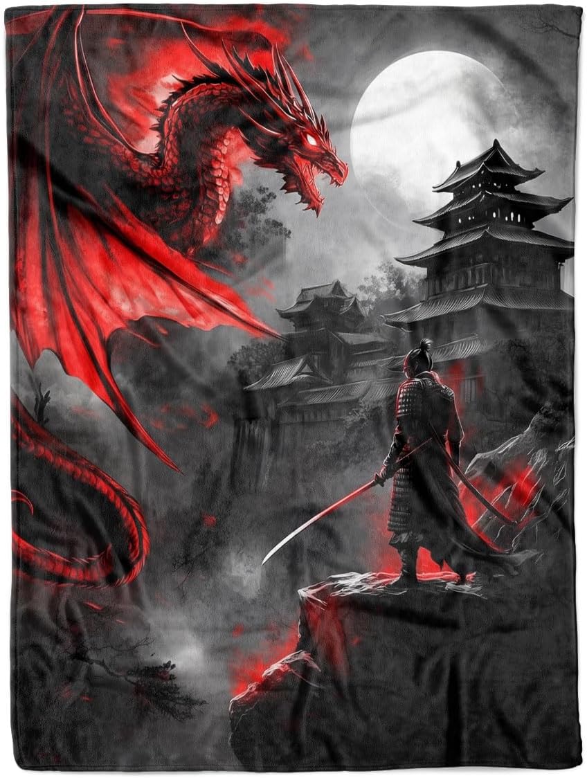 Anime Samurai Blanket, Cool Red Black Fantasy Dragon Japan, Soft and Cozy Fleece Throw Blanket for Men, Plush Blanket for Bed, Couch & Travel, Warm & Gift for Him, 60" x 80"