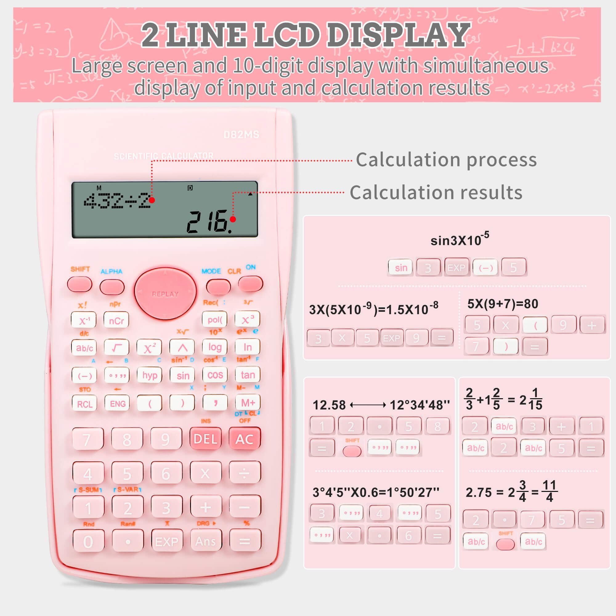 Calcolatrice scientifica rosa, calcolatrice scientifica a 2 linee, calcolatrice scientifica per studenti algebra geometria calcolatrice di base per studenti delle scuole medie e superiori