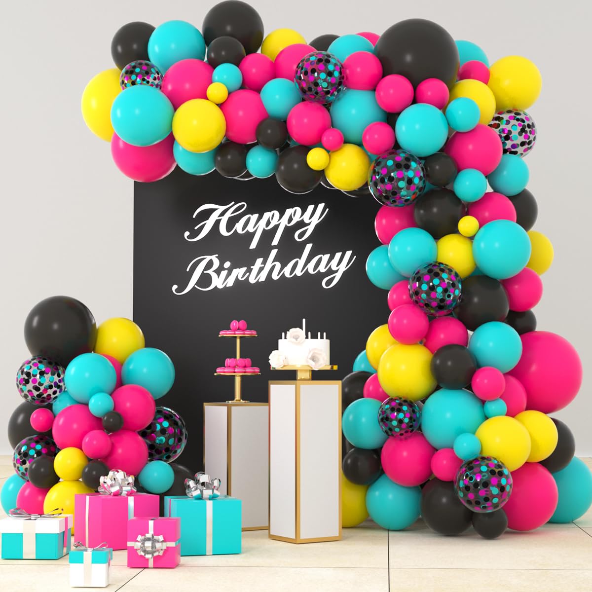 Rose Red Teal Blue Black Yellow Balloon Garland Kit - 122PCS Teal Blue Balloons Black Hot Pink Black Yellow Balloons for Neon 70S 80S Music Birthday