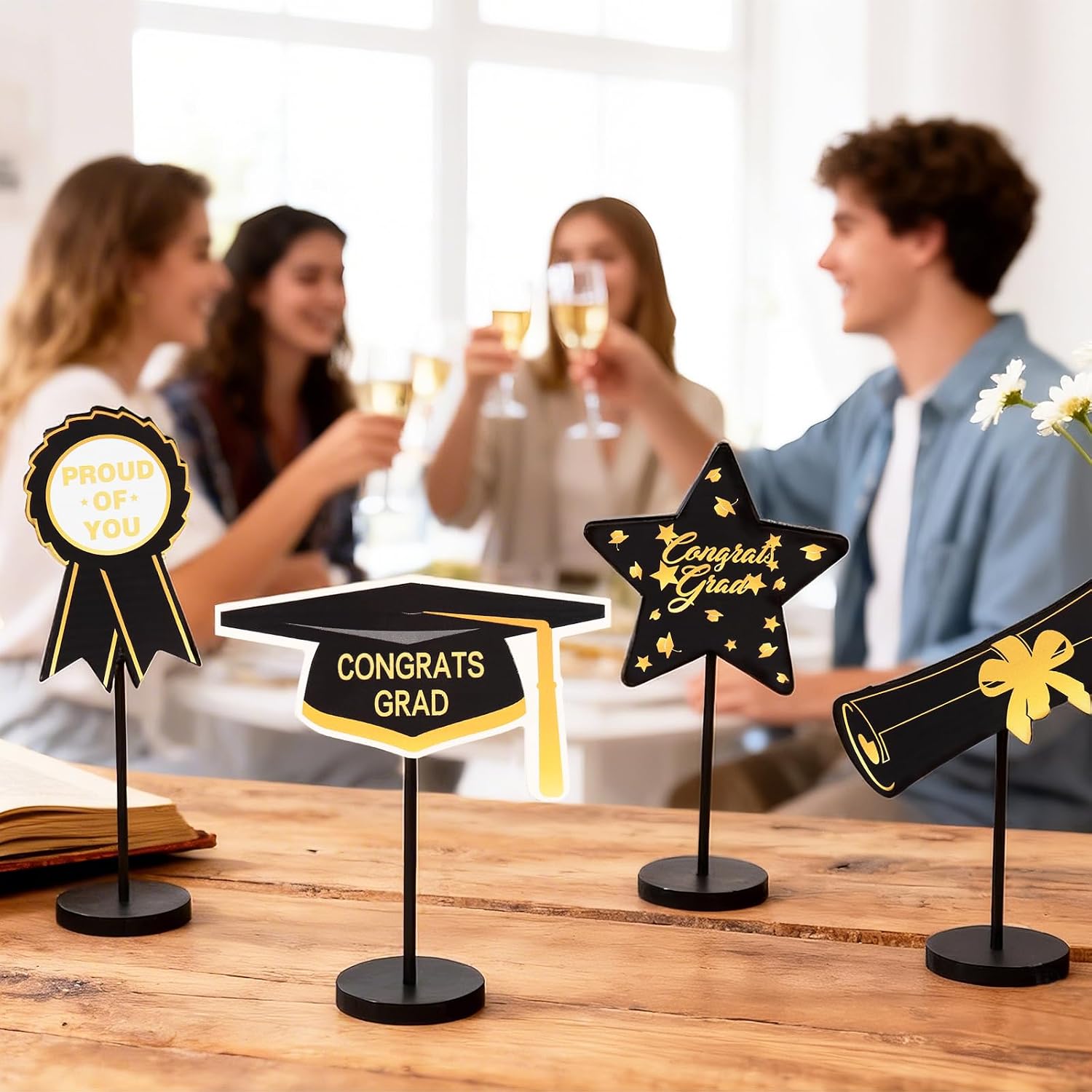 2026 Graduation Decorations, 5Pcs Black Gold White Wooden Table Centerpieces Decor Include Grad Cap Diploma Star Supplies Medal Sign, of Congrats Graduation Day Class Party Decoration.