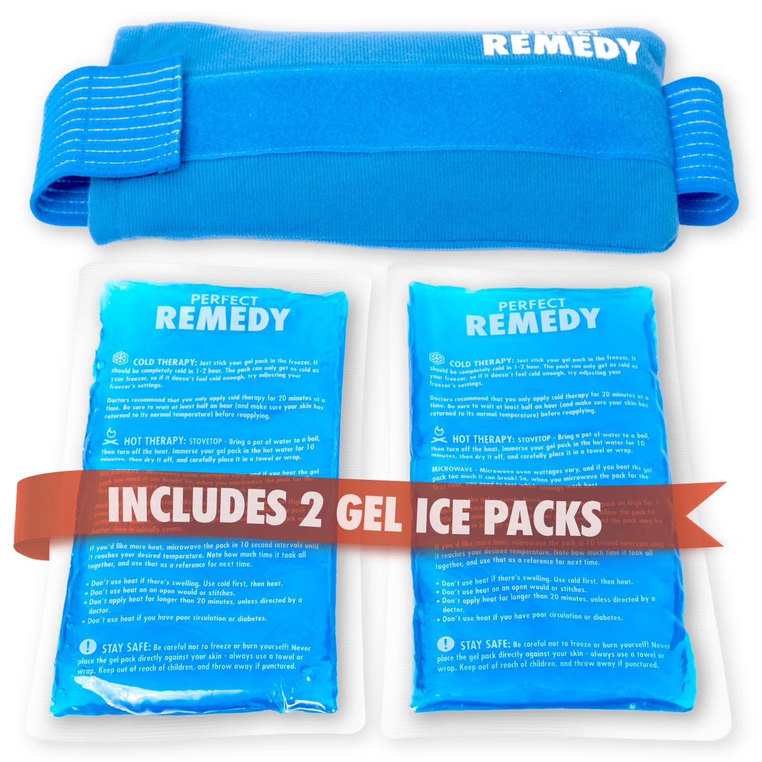 Perfect Remedy 2-Pack Gel Ice Packs for Injuries with Strap Cover, Flexible Hot Cold Compress, Soothing Soft Ice Packs for aid in Injuries Conditions, Alternative to Hot Water Bottles (Blue, Regular)