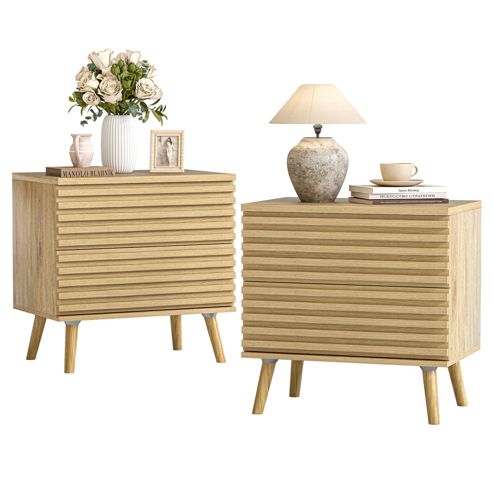 BREEZEHEAT Fluted Nightstand Set of 2, Wooden Side Table Set, 23" Wide Modern Bedside Table with 2 Large Drawers, Accent End Table for Bedroom, Natural Oak