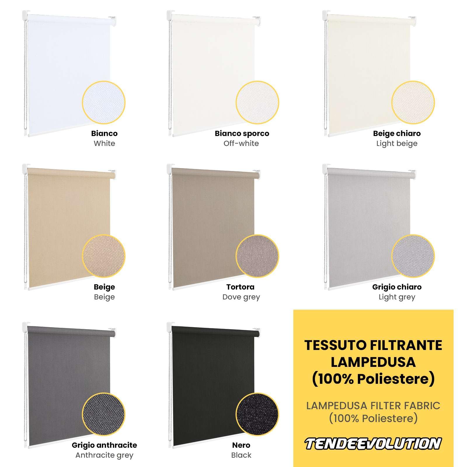 TENDEEVOLUTION - Tenda a Rullo per Interni su Misura Mod. Lampedusa, Tende Avvolgibile Interno con Tessuto Filtrante in diversi colori, Tende a Rullo con apertura Manuale o Motorizzata
