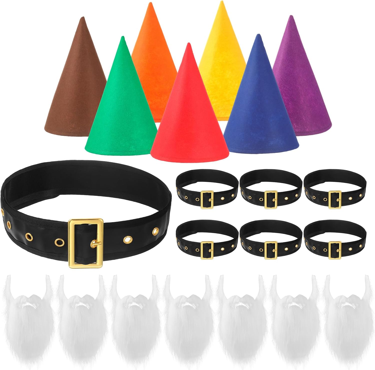 Syhood 21 Packs Christmas Gnome Costume Set 7 Pcs Felt Dwarf Hats 7 Pcs Belt and 7pcswhite Fake Beard for Xmas Costumes Tale Party Gnome