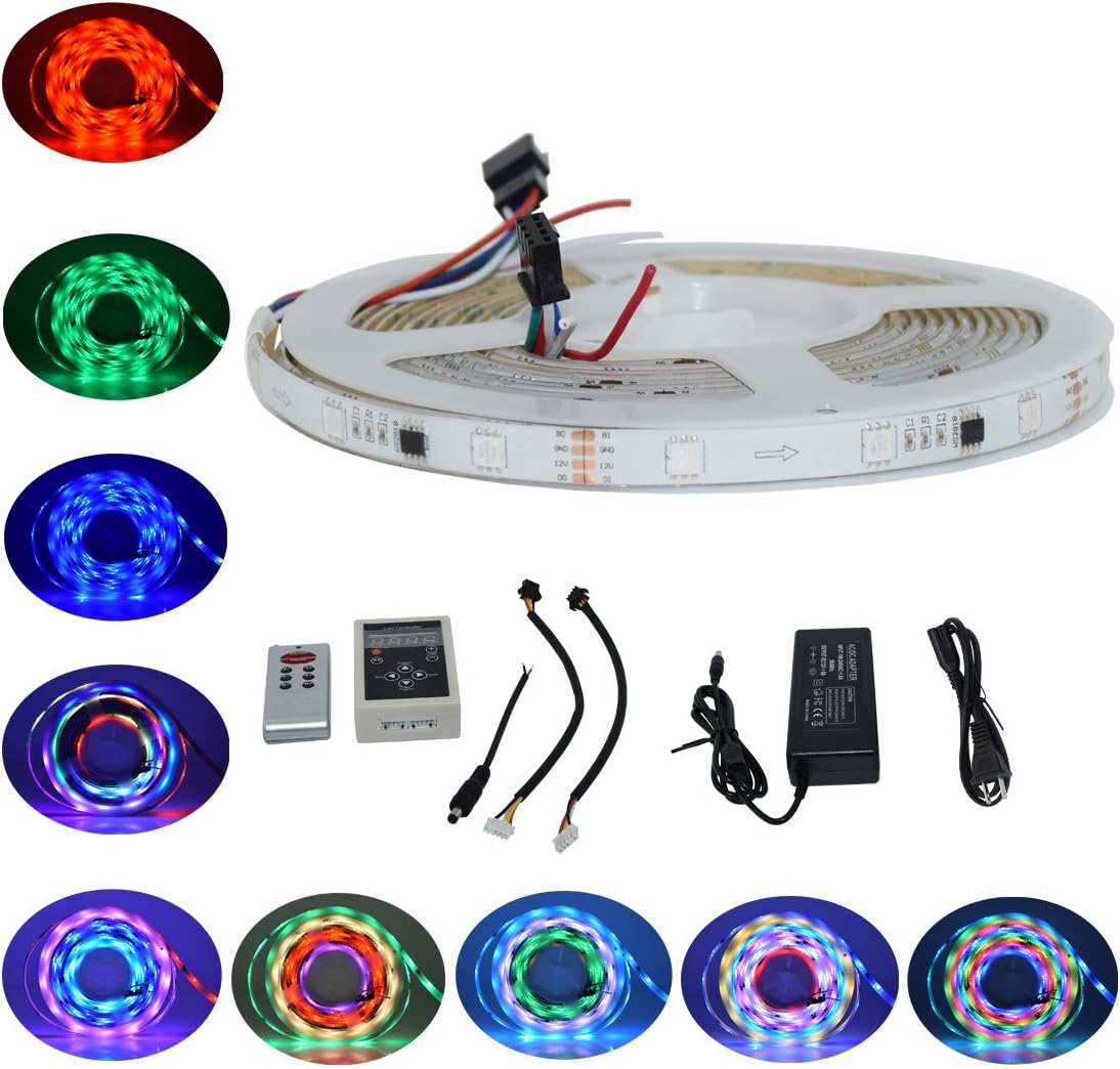 Aoshow(TM Dream Magic Color WS2818 IC SMD5050 RGB 150LEDs 16.4FT Waterproof Programmable Digital LED Strip Light Kit + RF 133 Modes Controller + 12V 5A Power Supply (Kit 2818 30LEDs IP65)