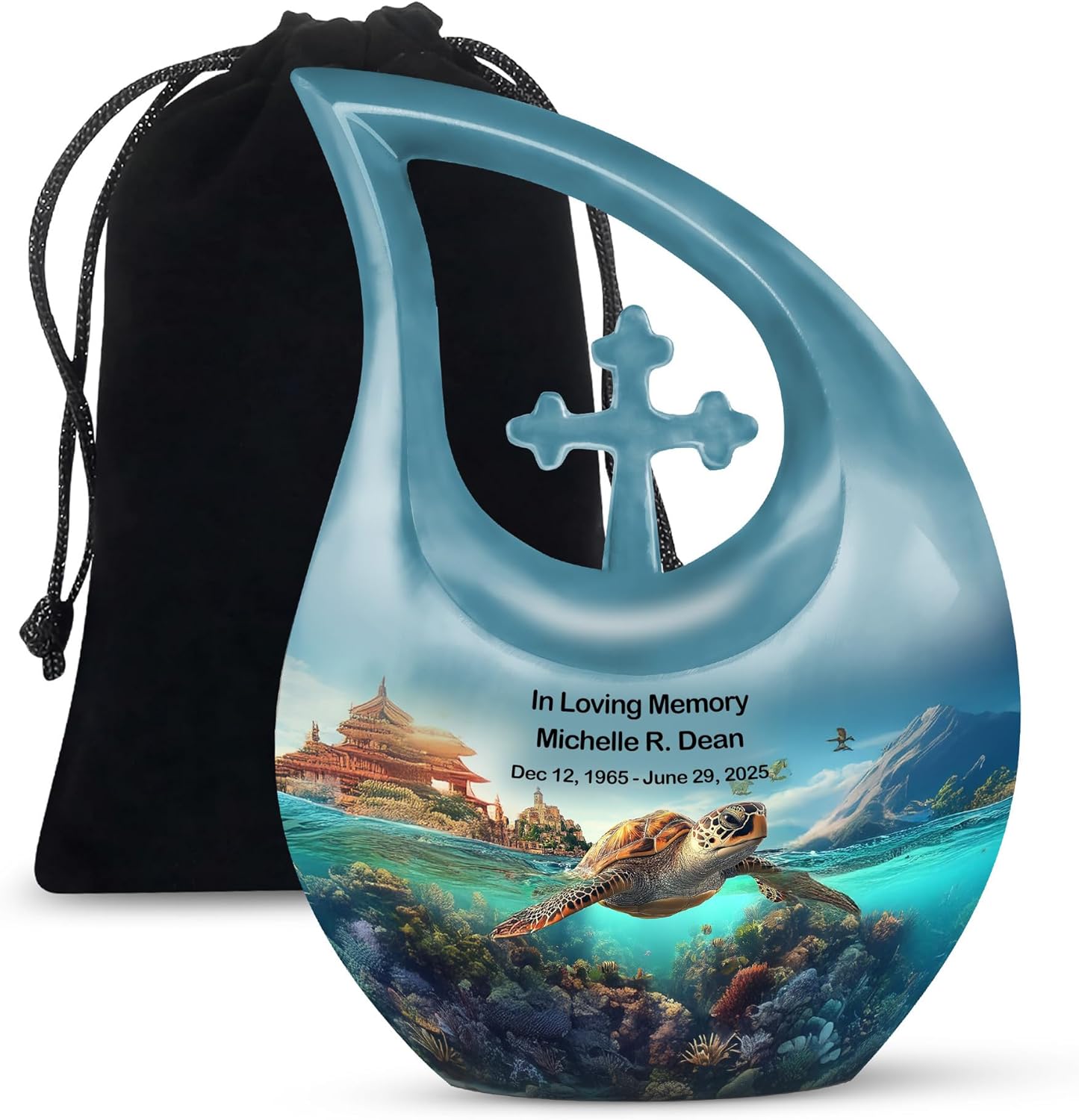 Custom Turtle Funeral Urn for Ashes for Women - Blue Memorial Urns for Adult Male - Large Ocean Cremation Urn for Mother & Father - Burial Human Urns for Ashes Adult Female 10 Inch