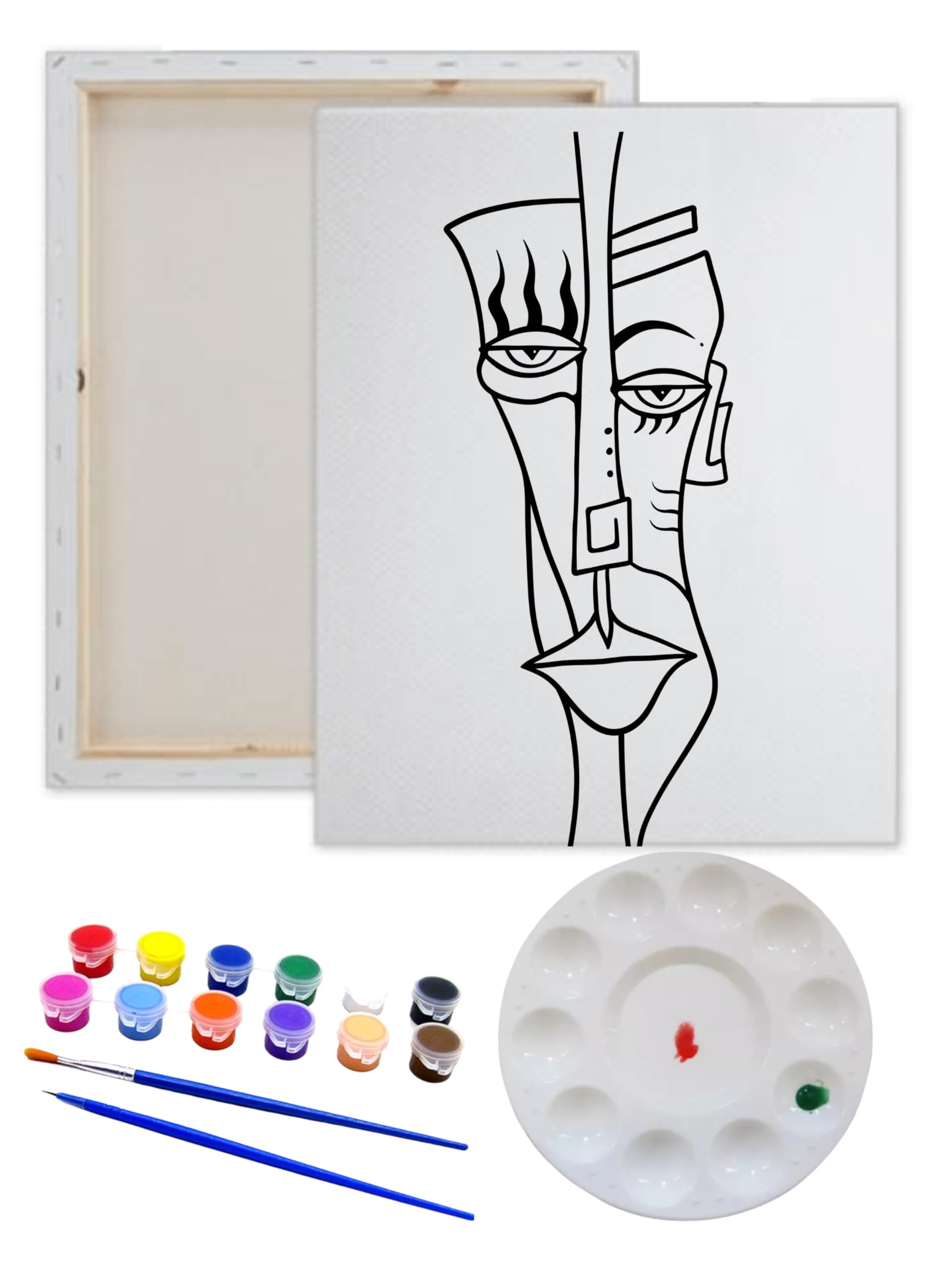 Pre Drawn Canvas PICASSO 2 Paint Kit | Adult & Teen Sip and Paint Party Favor | DIY Date Night Couple Activity (M 12X16, 12 COLORS OF PAINT)