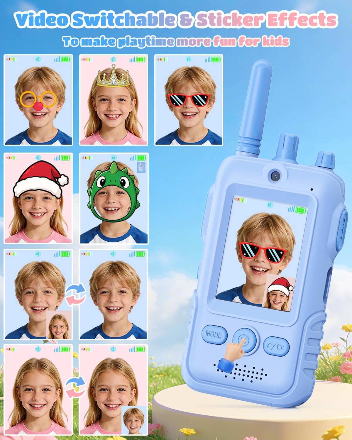 Walkie Talkies for Kids, 2 Pack Rechargeable Video Intercom Kids Walkies Talkies, Indoor Outdoor Toys Gifts for Family Games, Outside, Camping, Hiking for Boys Girls Ages 3-6(Blue)