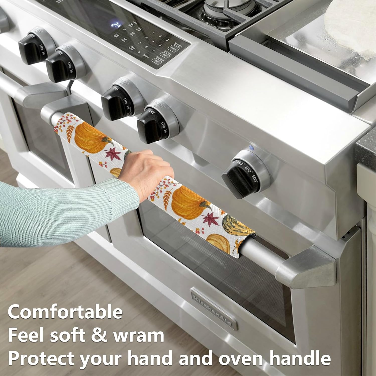 Eionryn Autumn Pumpkins Maple Leaves Refrigerator Door Handle Covers Thanksgiving Fall Floral Kitchen Appliances Gloves for Microwave Dishwasher Fridge Door Cloth Protector 2pcs