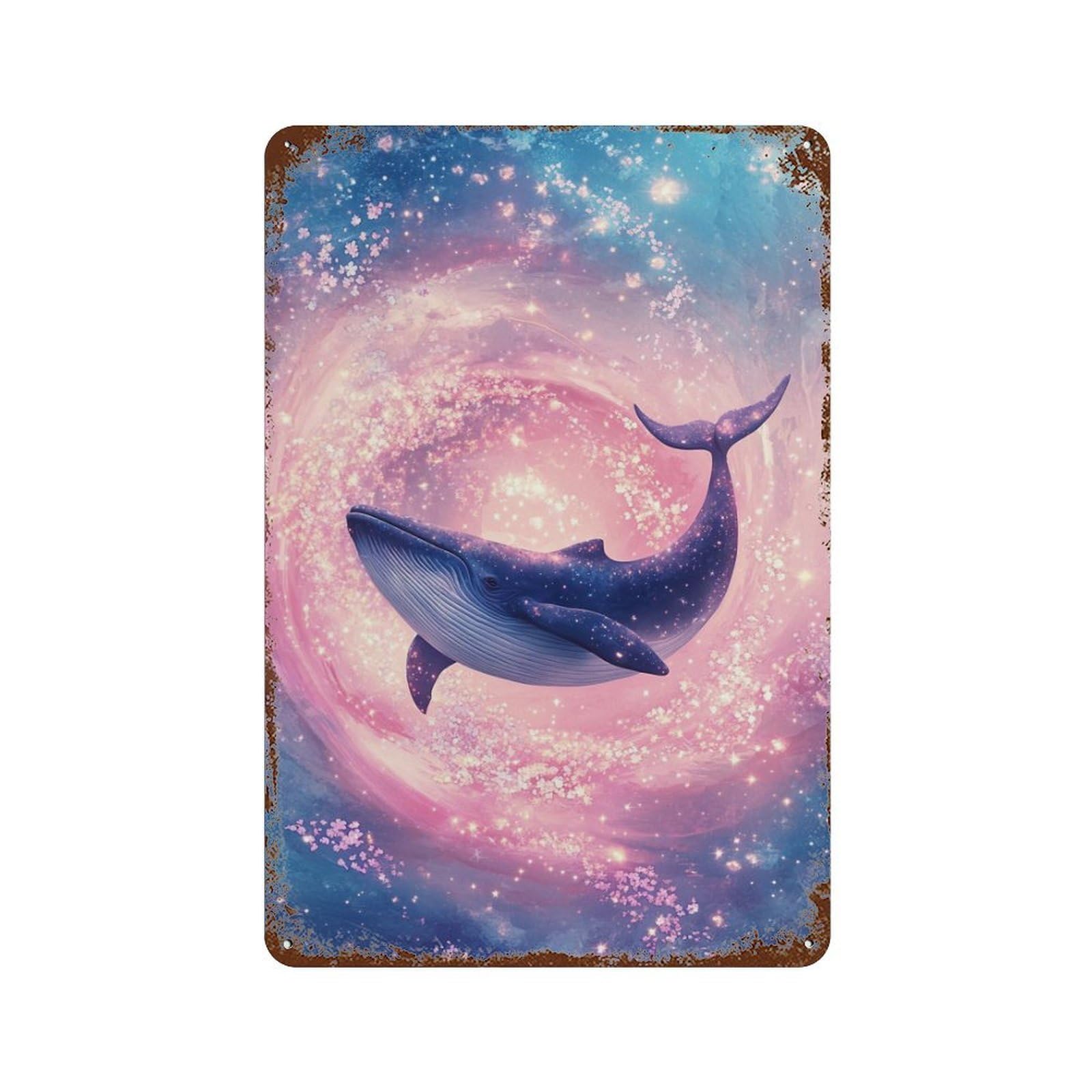 Rustic Tin Plaque with Whale in Cosmic Swirl-1 Design 11.8"x7.9", for Cafe, Home Bar And Lounge Decor, Novelty Wall Decor