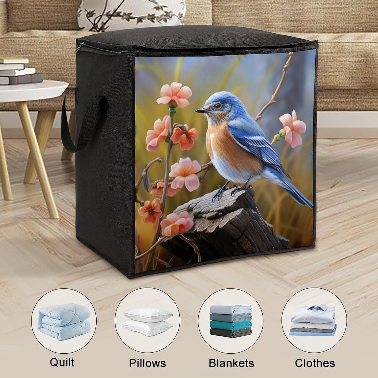 Quilt Storage Bag,Eastern Bluebird Printed Large Foldable Storage Container Portable Travel Storage Bag for Blankets, Quilts, Clothes, Comforter, Bedding And Pillows