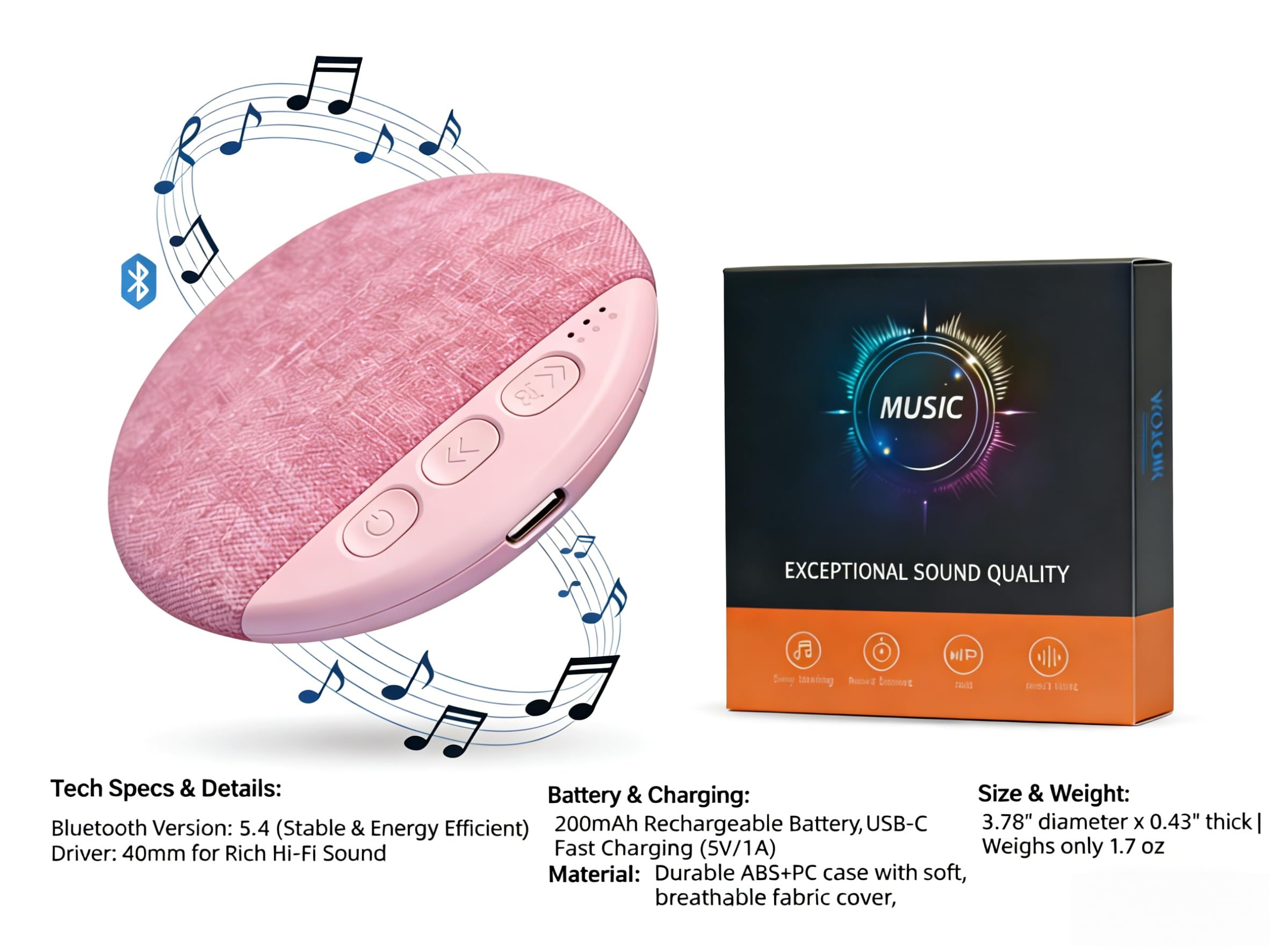 2026 New Bluetooth Pillow Speaker for Sleeping, Under Pillow Speaker with Sleep Timer & White Noise, Thin Speaker for Bed, Hi-Fi Sound, 48H Battery, Type-C, Private Listening for Adults & Kids — view 9