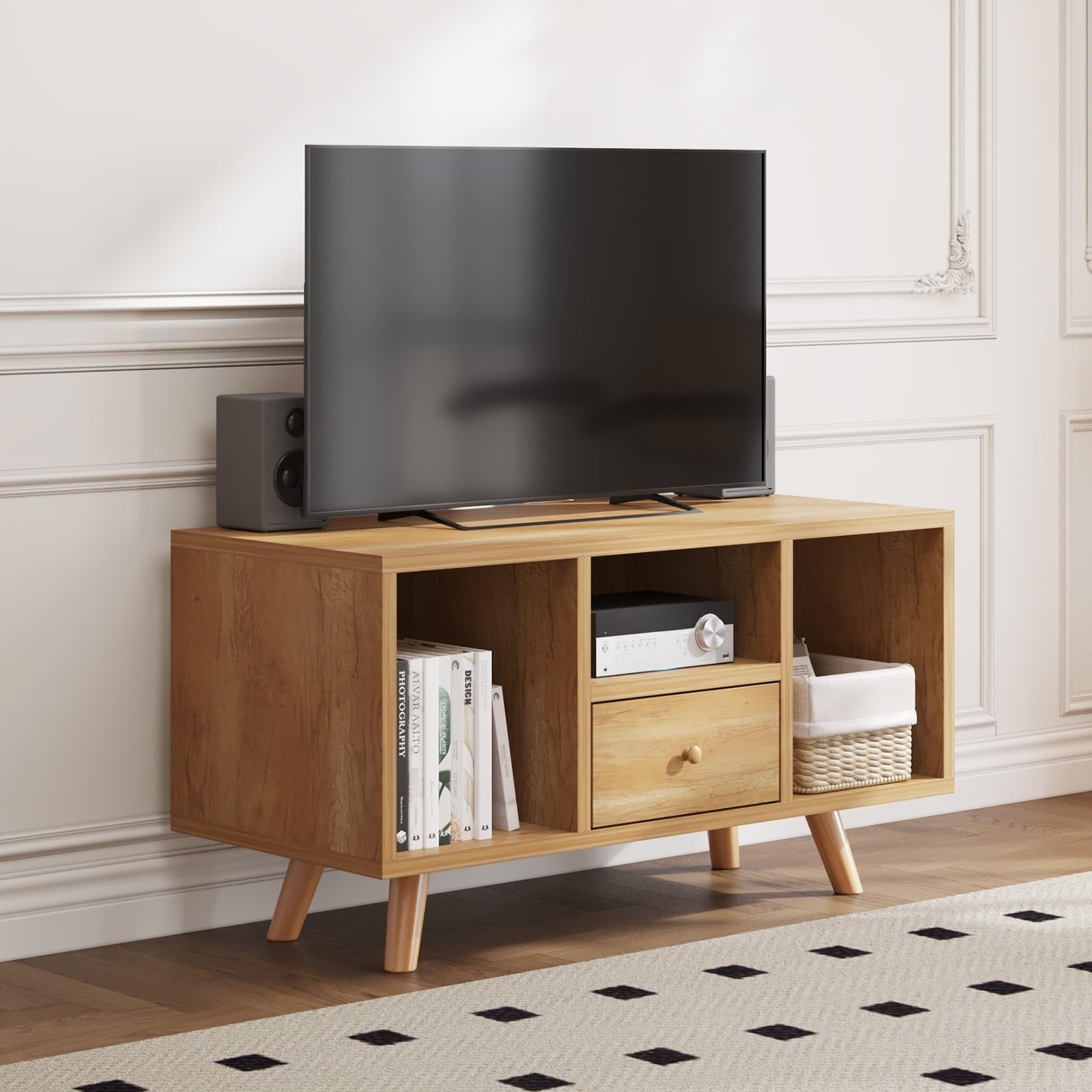 Amazon Brand - Umi Engineering Wood Floor Standing TV Entertainment Unit Set Top Box Stand TV Cabinet with Shelves for Books & Décor Display Unit, Upto 55 Inches - TVU-007 (110 * 40 * 45 cm)-image-28