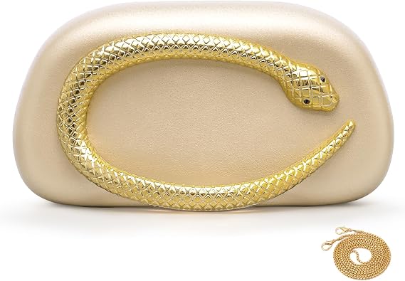 Rancco Gold Clutch Purse for Women 3D Snake Evening Bag with Detachable Chain, Formal Gold Handbag for Wedding Prom Cocktail, Small PU Leather Clutch, 7.5" L x 4.5" H x 2.4" W