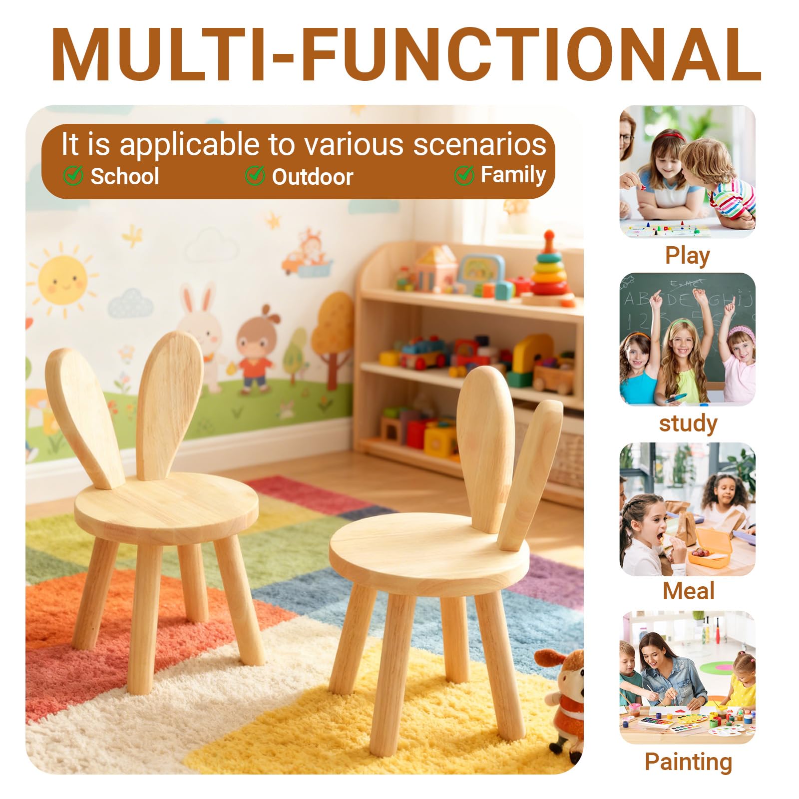 Silla Infantil Madera 45 x 26 cm, Silla Madera Infantil con Respaldo en Forma de Orejas de Conejo, Sillas Infantiles Taburete infantils Ideal para Comer, Leer y Jugar