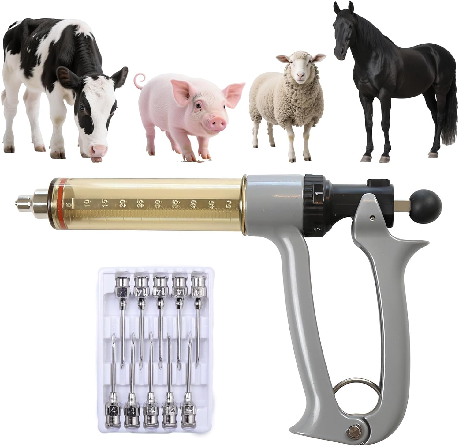 50ML Livestock Syringe Gun, Cattle Vaccine Syringes 5 Gears Adjustable Continuous Repeating Luer Lock Syringe, for Chickens, Ducks, Goose, Pig Bull Sheep, Large And Small Animals