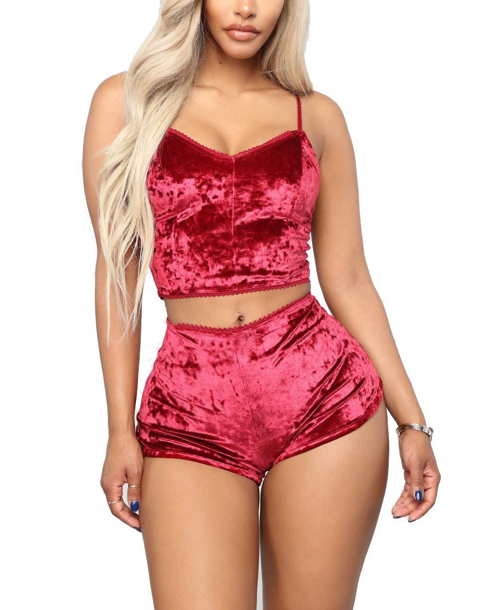 air-SMARTWomen's Vintage Velvet 2 piece outfit Spaghetti Strap Crop Top and Shorts