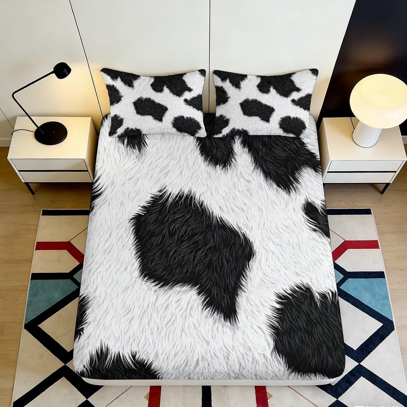 3D Printed Cow Pattern Fitted Sheet Microfiber Deep Pocket Non-Slip Bedding for Bedroom Cow Spots Mattress Fitted Cover 90x200x25cm