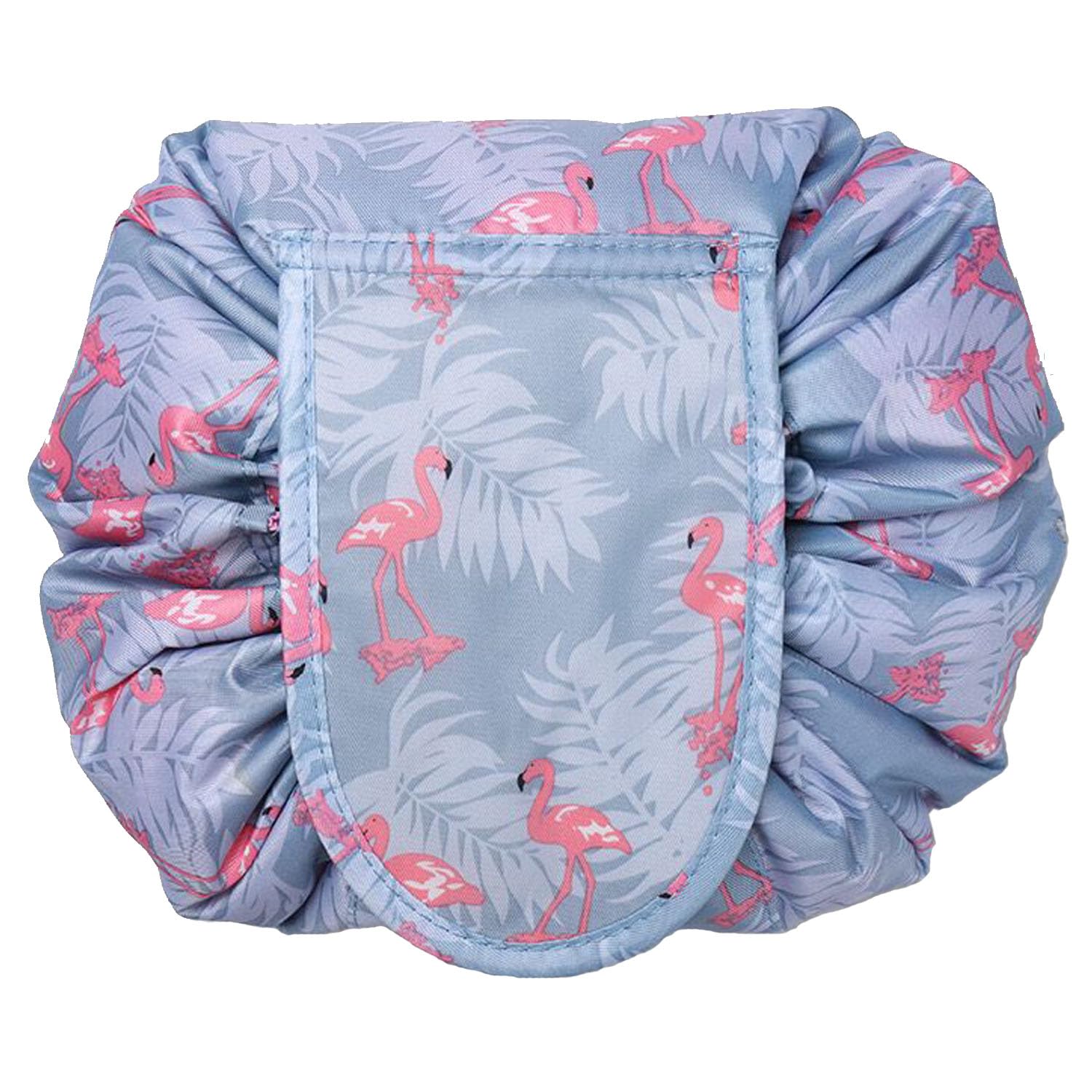 Veyarien Lazy Drawstring Flat Lay Makeup Bag Portable Large Travel Make up Cosmetic Bag Storage Organiser for Women Girl (Flamingo)