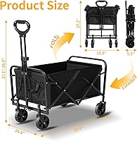 Vista 2 de Carros plegables con ruedas, portátil, de 220 libras, para comestibles, deportes, jardín, playa, compras, campamento (negro)