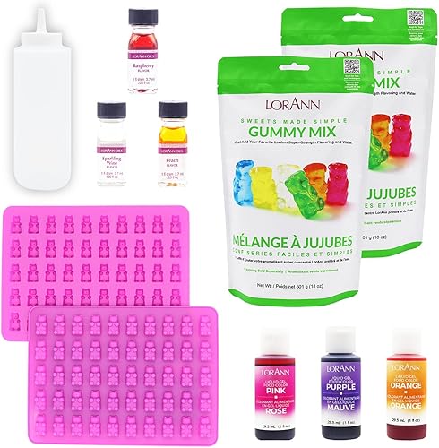 LorAnn Kit de osito de gomita para bricolaje, mezclas de dulces, moldes de silicona de grado alimenticio, botella para apretar, surtido de sabores y