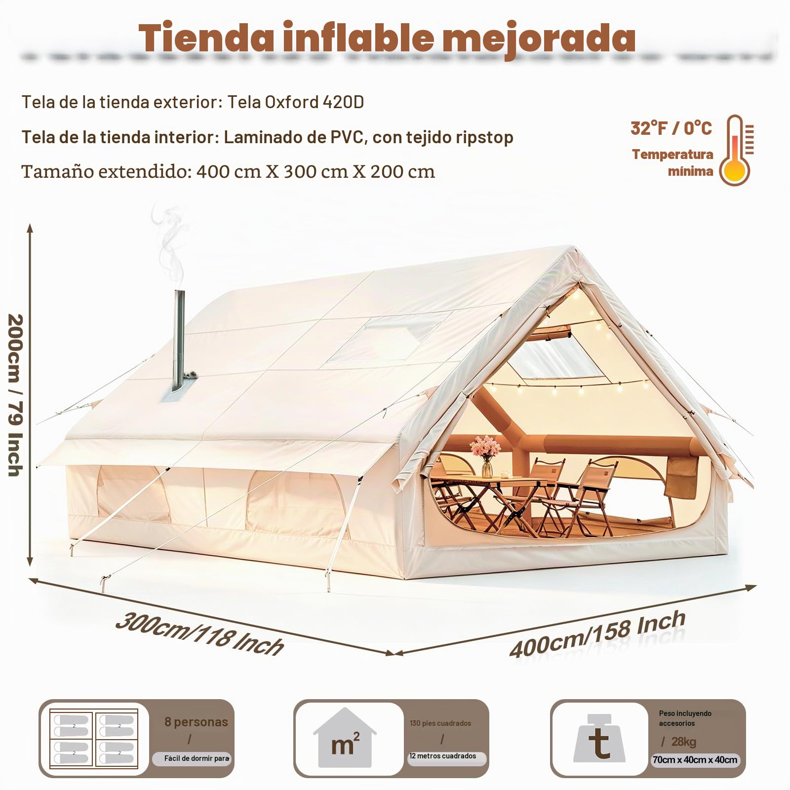 Tienda de campaña inflable con bomba, tienda de campaña inflable para camping, 4 temporadas, resistente al agua y al viento, tienda de campaña Oxford con ventanas y puertas de malla para 2-4 personas,
