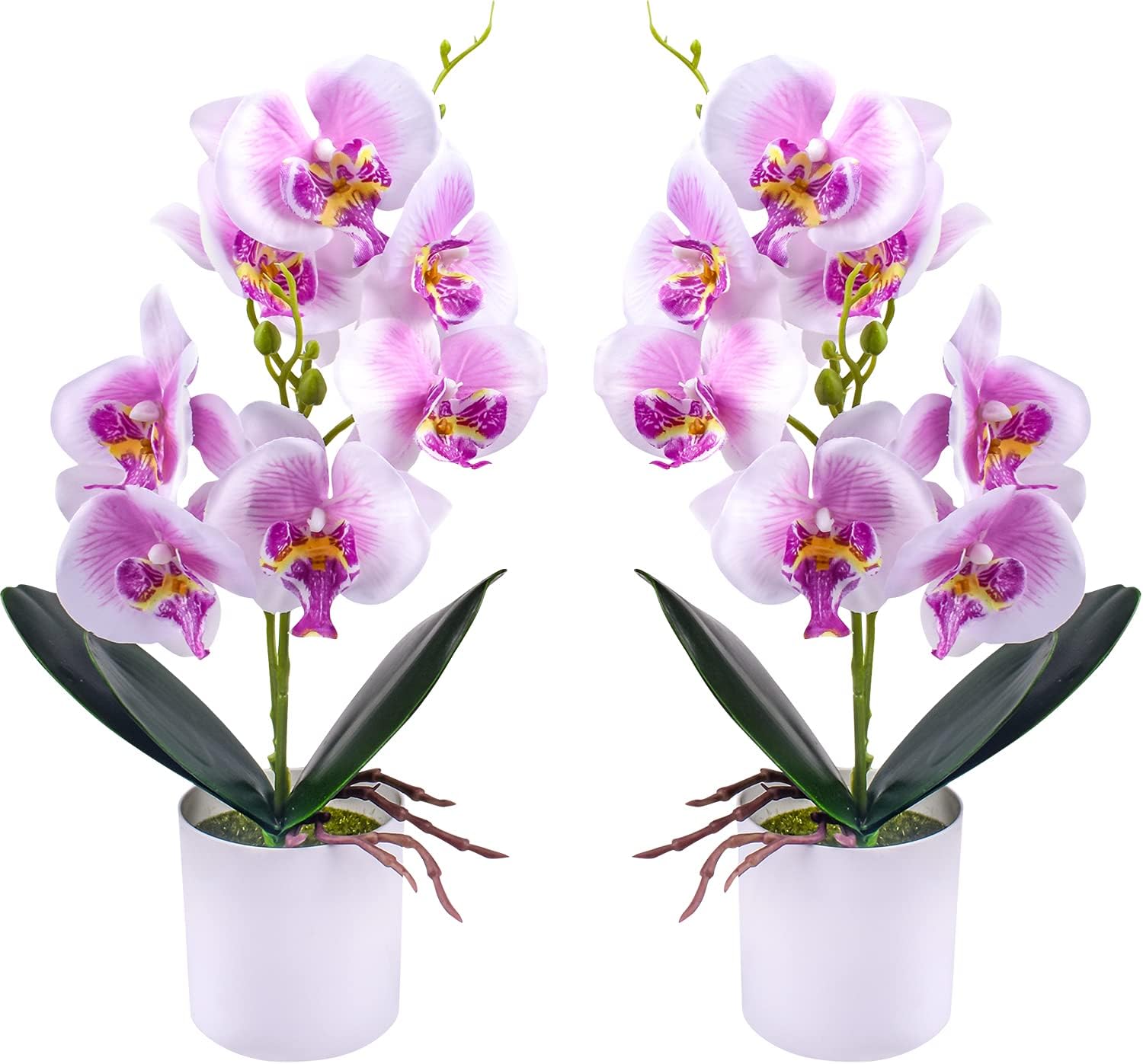 XONOR Artificial Orchid Flowers, 2 Pieces Potted Orchid Flowers with Plastic Vase for Table Centerpiece Home Decor Office Wedding Party Decoration