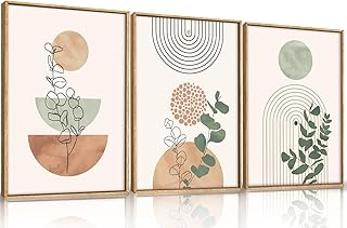 Boho Terracotta Green Framed Canvas Wall Art Set, Abstract Bohemian Wall...