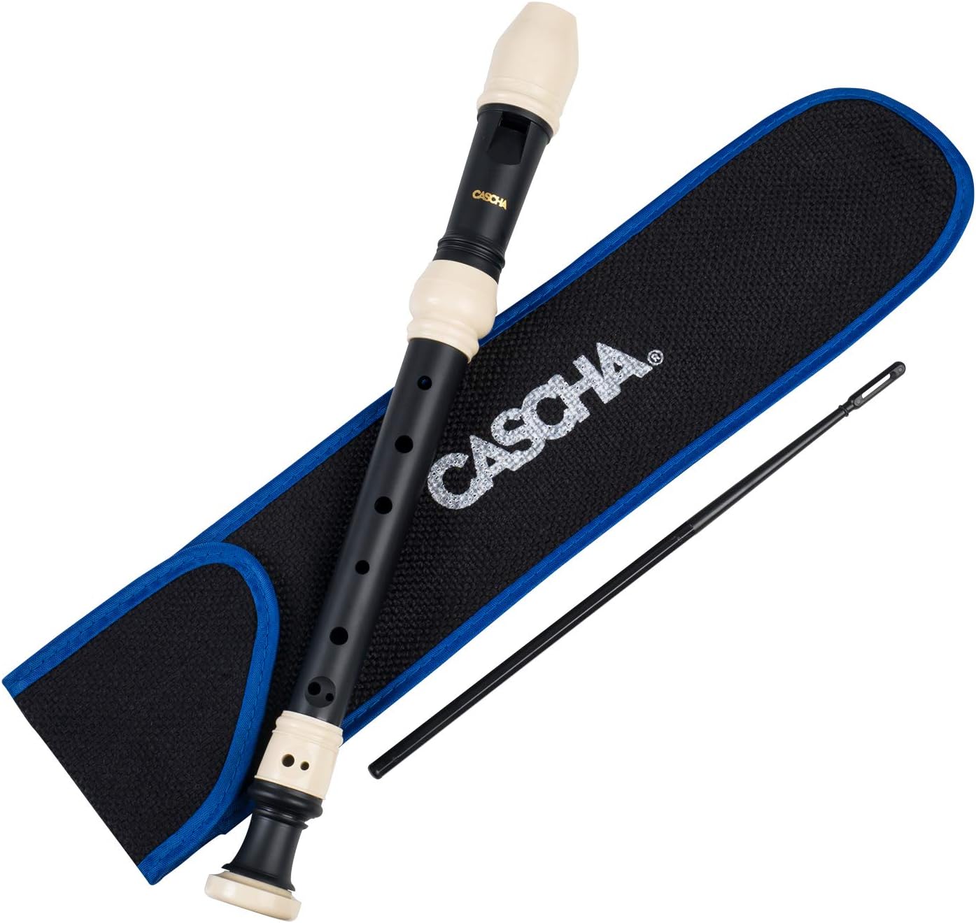 CASCHA soprano recorder made of plastic, high-quality flute for beginners, set with bag, recorder cleaner and fingering chart, baroque fingering, black matt, HH 2172